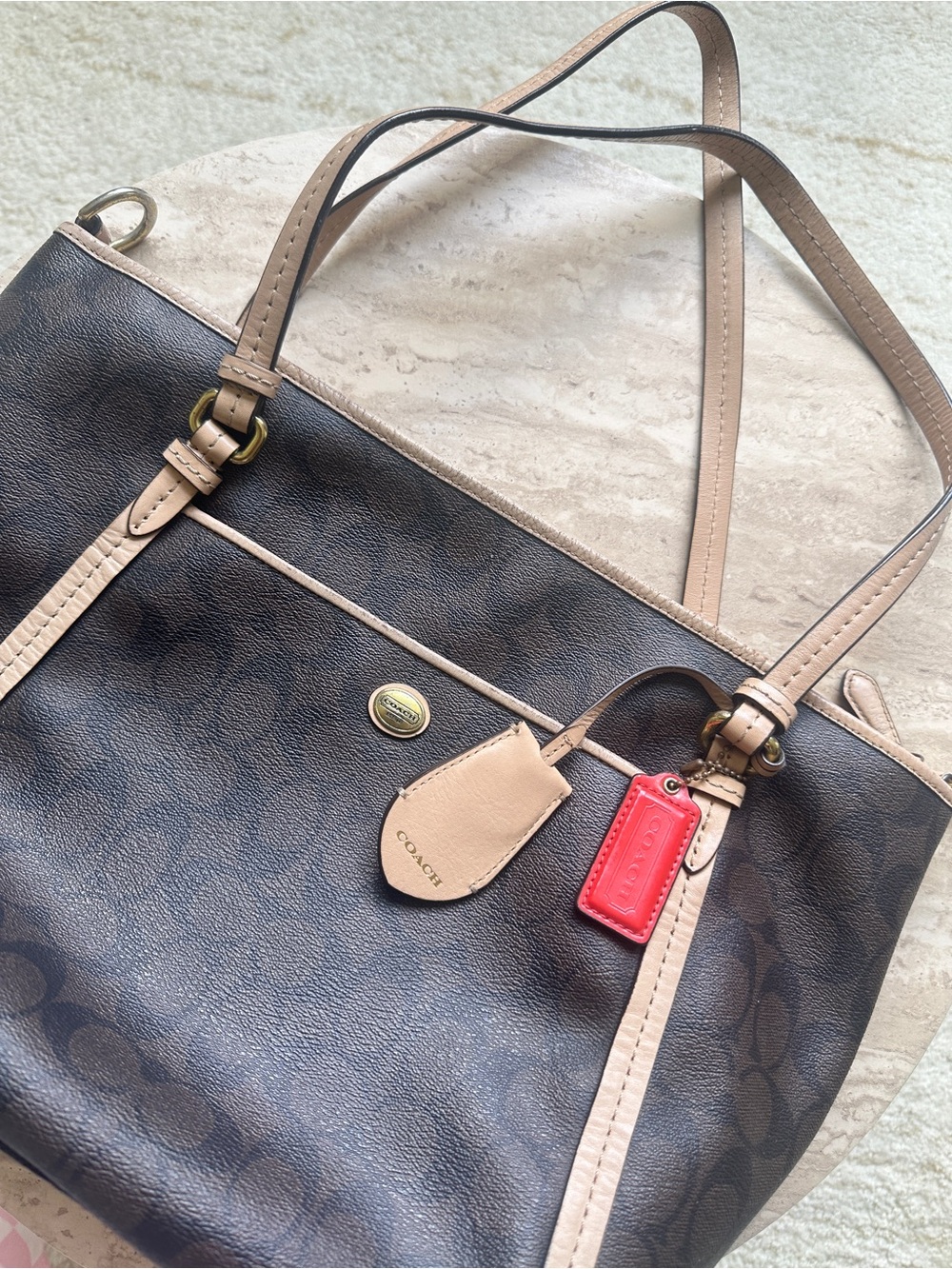 Coach Brown Signature Canvas Tote with Tan Trim and Red Tag